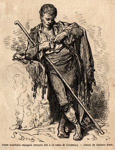 Egy fiatal koldus, a la vente de Cardenas, egy fogadó az almadeni úton (a Csatorna tartománya). Gustave Dore (1832-1883) vázlatát élőben készítette. A spanyolországi utazást illusztráló metszet Charles Davillier és Gustave Dore 1862-ben, a „Le tour d” c. alkotó: Gustave Dore
