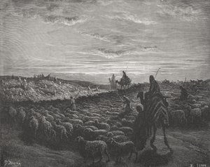 Ábrahám utazás Kánaán földjére, 1Móz 13:1-4, illusztráció Dore „The Holy Bible” című könyvéből, vésett Pisan, 1866 alkotó: Gustave Dore