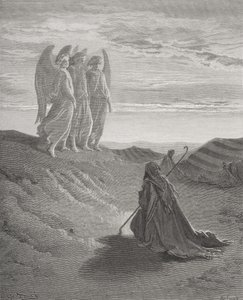 Ábrahám és a három angyal, illusztráció Dore „The Holy Bible” című művéből, vésette Ligny, 1866 alkotó: Gustave Dore