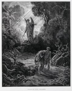 Ádámot és Évát egy angyal száműzi az Édenkertből, illusztráció a Dore Bibliából. alkotó: Gustave Dore