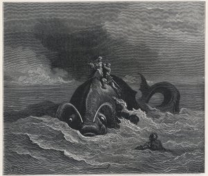 "Alcina (Alcina) és Renaud (Rinaldo), amint Astolfót (Astholfo) viszik egy bálna hátán (Orlando furioso)" Ludovico Ariosto (1474-1533) 19. század (metszet) alkotó: Gustave Dore