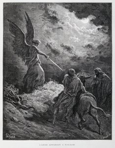 Egy angyal találkozott Bálámmal egy karddal, illusztráció a Dore Bibliából alkotó: Gustave Dore