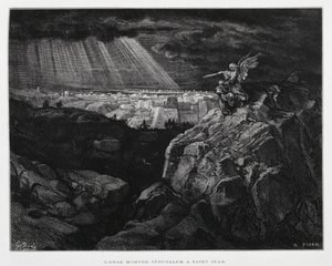 Egy angyal Keresztelő Szent Jánossal Jeruzsálem előtt, Illusztráció a Dore Bibliából. alkotó: Gustave Dore