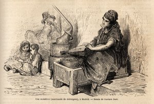 Egy szabadtéri gesztenyekereskedő, hordozható sütőjével, vázlatot rajzol a madridi Puerta del sol élénkségéről. Gustave Dore (1832-1883) metszete spanyolországi utazásának illusztrálására Ch. Davillier (szerkesztő), 1862-ben, megjelent a „Le tour du monde” alkotó: Gustave Dore