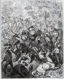 Harc az öszvérgyártókkal - A yangoik használták a ütőiket - Miguel Cervantes (1547-1616) "Don Quijote de la Mancha" című filmjéből (Don Quijote) - Fametszet Gustave Dore rajza alapján alkotó: Gustave Dore
