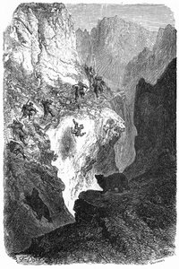 Medvevadászat a Pireneusokban: egy férfi lezuhan a hegyről. Gustave Dore metszete Hippolyte Taine "Utazás a Pireneusokba" című könyvének illusztrációjához, Hachette 1860. alkotó: Gustave Dore