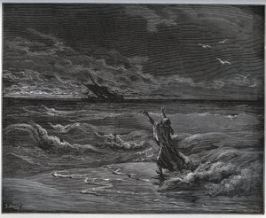 Rabló történet. Aagi-Morato, Zoraide atyja a parton barkázik Miguel Cervantes (1547-1616) „Don Quijote de la Mancha” című művéből (Don Quijote) – Gustave Dore rajza alapján készült fametszet alkotó: Gustave Dore