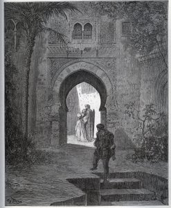Rabló történet. A fogoly első találkozása Zoraide-dal az apa kertjében, aki visszahozza a rosszullét után Miguel Cervantes „Don Quijote de la Mancha” című művéből. alkotó: Gustave Dore