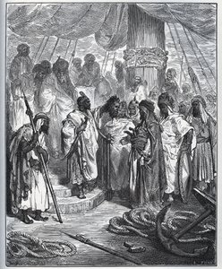 Rabló történet. Pagano Doria fejét az arabok levágták - Az arabok levágták a fejét és elvitték a török flotta tábornokának - Miguel Cervantes (1547-1616) „Don Quijote de la Mancha” című könyvéből (Don Quijote) - Fametszet rajzolás után Gustave Dore alkotó: Gustave Dore