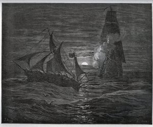 Rabló történet. A spanyol menekülőhajót megtámadta egy francia hajó a „Don Quijote de la Mancha”-ból, Miguel Cervantes (1547-1616) (Don Quijote) - Fametszet Gustave Dore rajza alapján alkotó: Gustave Dore