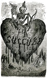 Honore de Balzac (1799-1850) Drolatikus mesék (1855) című művéhez Gustave Dore fejezetcím-illusztrációja: Succubus (vámpír) - csontváz, halál, szív, vér... alkotó: Gustave Dore