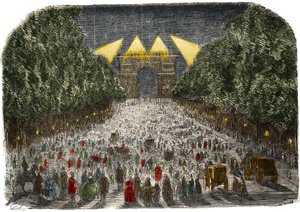 A párizsi Diadalív és a Champs-Elysees (Champs-Elysees) elektromos világításában gyönyörködő tömeg október 26-án és 27-én alkotó: Gustave Dore