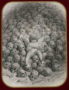 ""Ámor pisztollyal felfegyverkezve ül a koponyák hegyén"" (Cupid with a Pistol on Top of a Skull) Gustave Dore (1832-1883) tinta és rajza Magángyűjtemény alkotó: Gustave Dore