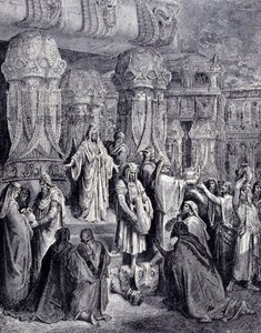 Nagy Cirosz (Kr. e. 580 - ie 530) kiszabadította a foglyul ejtett népeket, amikor i. e. 539-ben megérkezett Babilonba, és visszaadta a zsidó népnek azokat a szent edényeket, amelyeket a jeruzsálemi templomban zsákmányul vettek. Gustave Doré metszete. alkotó: Gustave Dore