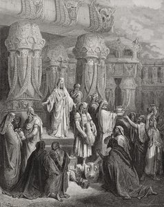 Cyrus helyreállítja a templom edényeit, illusztráció Dore "A Szent Biblia" című művéből, Pannemaker metszete, 1866. alkotó: Gustave Dore