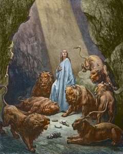Danielt bedobják az Oroszlánok barlangjába - Daniel az Oroszlánok barlangjában - Gustave Dore metszet - későbbi színezés alkotó: Gustave Dore