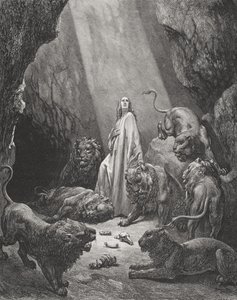 Dániel az oroszlánok barlangjában, Dániel 6:16-17, illusztráció Dore „The Holy Bible” című művéből, Piaud metszete, 1866 alkotó: Gustave Dore