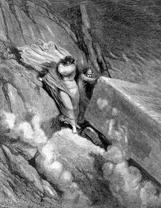 Dante és Virgil a szakadék szélén, amelyből magzatos szag áradt ki, 1863 alkotó: Gustave Dore