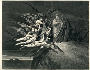 Dante és Vergilius szembenéznek a démonokkal. Gustave Dore által illusztrált metszet Dante Alighieri Pokol című művéből (Isteni komédia). Francia kiadás 1861-ből. "... Nessun di voi sia fello!" (Senki se legyen lázadó közületek!) , 21. ének, v. 72. alkotó: Gustave Dore