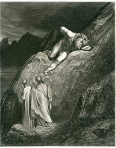Dante és Vergilius találkozik a Minotaurusszal. Gustave Dore által illusztrált metszet Dante Alighieri Pokol című művéből (Isteni komédia). Francia kiadás 1861-ből. "E in su la punta della rotta lacca/L