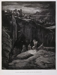 Dávid hűségesen felajánlja kardját Saulnak, Izrael királyának, Illusztráció a Dore Bibliából. alkotó: Gustave Dore