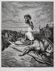 Dávid megöli Góliátot, Illusztráció a Dore Bibliából alkotó: Gustave Dore