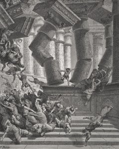 Sámson halála, Bírák 26:28-30, illusztráció Dore „The Holy Bible” című művéből, metszett G.Larlante, 1866 (metszet) alkotó: Gustave Dore