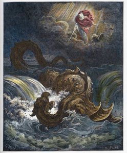 Leviatán elpusztítása - A Leviatán, az Ószövetség tengeri szörnyének elpusztítása - Gustave Dore (1832-1883) "" The Bible illustree"-be vésve - Metszet "" The Dore Bible"-ből"