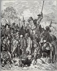 Don Quijote és Sancho az üvöltő falusiak osztagával - Miguel Cervantes (1547-1616) „Don Quijote de la Mancha” című művéből (Don Quijote) - Fametszet Gustave Dore rajza alapján alkotó: Gustave Dore