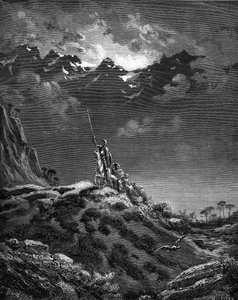 Don Quijote (Quijote vagy Qijote) kalandozásra indul. Gustave Dore metszete, Miguel de Cervantes Saavedra "L