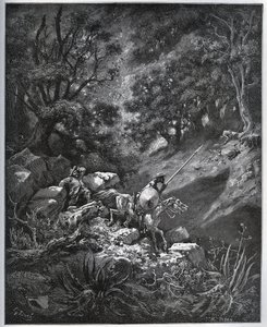 Don Quijote és Sancho Panza folytatja útját Sierra Morenában, a Deguenille-de-la-Malaise-bányát keresve - Miguel Cervantes (1547-1616) „Don Quijote de la Mancha” című művéből (Don Quijote) - Fametszet rajzolás után Gustave Dore alkotó: Gustave Dore