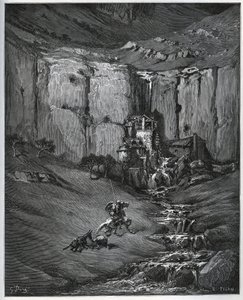 Don Quijote és Sancho Panza felfedezi, hogy mi okozta aggodalmukat, egy vízesés és egy malom, egy foulon – Miguel Cervantes (1547-1616) „Don Quijote de la Mancha” című művéből (Don Quijote) – Gustave Dore rajza alapján készült fametszet alkotó: Gustave Dore