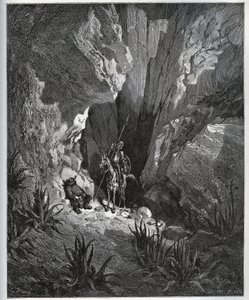 Don Quijote és Sancho Panza megtalálja az utazó dolgait – Miguel Cervantes (1547-1616) „Don Quijote de la Mancha” című művéből (Don Quijote) – Gustave Dore rajza alapján készült fametszet alkotó: Gustave Dore