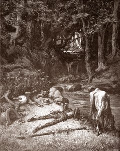 Don Quijote és Sancho Panza felfrissíti őket egy pataknál Gustave Dore (1832-1883) metszet a „L