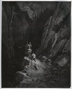 Don Quijote és Sancho Panza Sierra Morenába süllyed – Miguel Cervantes (1547-1616) „Don Quijote de la Mancha” című művéből (Don Quijote) – Fametszet Gustave Dore rajza alapján alkotó: Gustave Dore