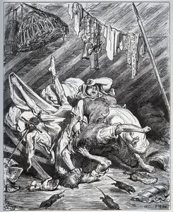 Don Quijote és egy öszvérkészítő, aki Maritornesért harcol, a házvezetőnőért, akit Don Quijote a Dulcinee-jéért vesz – Miguel Cervantes (1547-1616) „Don Quijote de la Mancha” című művéből (Don Quijote) – Fametszet Gustave Dore rajza alapján alkotó: Gustave Dore