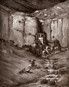 Don Quijote és Sancho Panza vízesést és zajos hodályokat lát (Don Quijote és sancho Panza vízesést és zajos hodályokat lát) Gustave Dore (1832-1883) metszete „The Ingenieux Hidalgo Don Quijote de la Mancha (Quixotte – Quijote)” című könyvéhez Miguel de Cer alkotó: Gustave Dore