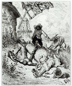 Don Quijote és a szélmalmok, Miguel Cervantes (1547-1616) "Don Quijote de la Mancha" című művéből, Heliodore Joseph Pisan (1822-90) metszete. alkotó: Gustave Dore
