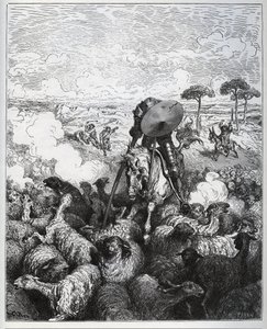 Don Quijote megtámad egy birkacsordát, azt hiszi, hogy a taporobanai Alibanfaron seregével volt dolga – Miguel Cervantes (1547-1616) „Don Quijote de la Mancha” című művéből (Don Quijote) – Gustave Dore rajza alapján készült fametszet alkotó: Gustave Dore