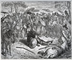Don Quijote megverték egy kereskedőcsoport közepén – Az öszvérkészítő belekóstolt a játékba – Miguel Cervantes „Don Quijote de la Mancha” című művéből alkotó: Gustave Dore