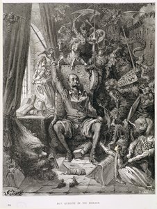 Don Quijote a könyvtárában, metszett: Heliodore Joseph Pisan (1822-90) 1868 körül alkotó: Gustave Dore
