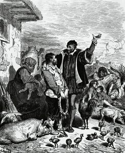 Don Quijote elviszi otthonából Sancho Panzát és kormányzónak kikiáltja, Gustave Dore (1832-1883) illusztrációja Miguel de Cervantes Saavedra (1547-1616) Don Quijote 1880-as kiadásához alkotó: Gustave Dore
