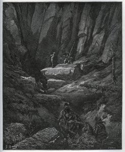 Dorothee és a borbély eljön, hogy felvegye Don Quijote-t, majd bűnbánatban - Miguel Cervantes (1547-1616) „Don Quijote de la Mancha” című darabjából (Don Quijote) - Fametszet Gustave Dore rajza alapján alkotó: Gustave Dore