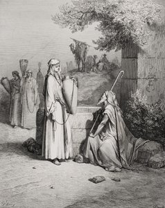Eliézer és Rebeka, 1Móz 24:15-21, illusztráció Dore „The Holy Bible” (A Szent Biblia) című művéből, Piaud metszete, 1866 alkotó: Gustave Dore