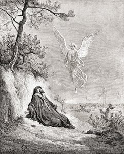 Elijah nourished by an Angel. After a work from The Bible by Gustave Dore. From Life and Reminiscences of Gustave Dore, published 1885. alkotó: Gustave Dore