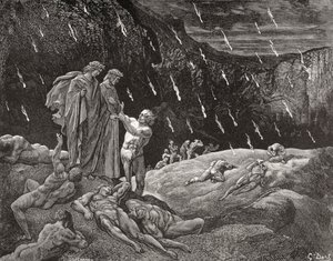 Gustave Dore metszete 1832-1883 francia művész és illusztrátor Dante Alighieri Inferno XV. ének 28. és 29. sorához alkotó: Gustave Dore