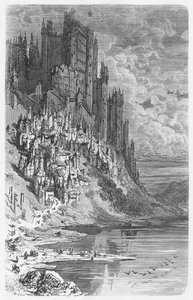 Fantázia tájkép várossal és kastéllyal, illusztráció Honore de Balzac (1799-1850) "Les Contes Drolatiques" című művéből. alkotó: Gustave Dore
