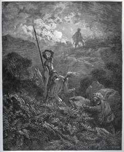 A Deguenille-de-la-Malaise-Mine első megjelenése – Miguel Cervantes (1547-1616) „Don Quijote de la Mancha” című művéből (Don Quijote) – Gustave Dore rajza alapján készült fametszet alkotó: Gustave Dore