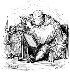 Gargantua oktatás: az ifjú úr fuvolázni tanul zenetanárával. Gustave Dore metszete, amely Rabelais művét illusztrálja. alkotó: Gustave Dore
