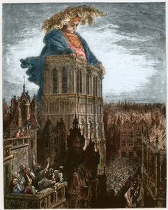 Gargantua a párizsi Notre-Dame tornyain - Gargantua a párizsi Notre-Dame templom tornyain nyugszik - illusztráció a "Gargantua és Pantagruel" című művéből, Francois Rabelais - metszet Gustave Dore (1832-1883) alkotó: Gustave Dore
